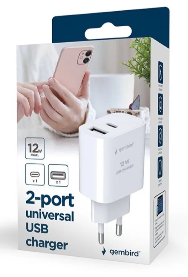 GEMBIRD TA-UC-2AC12-01-BK Gembird USB punjac, 2-port USB-A+ USB-C, 2.4 A, Black Slika 1