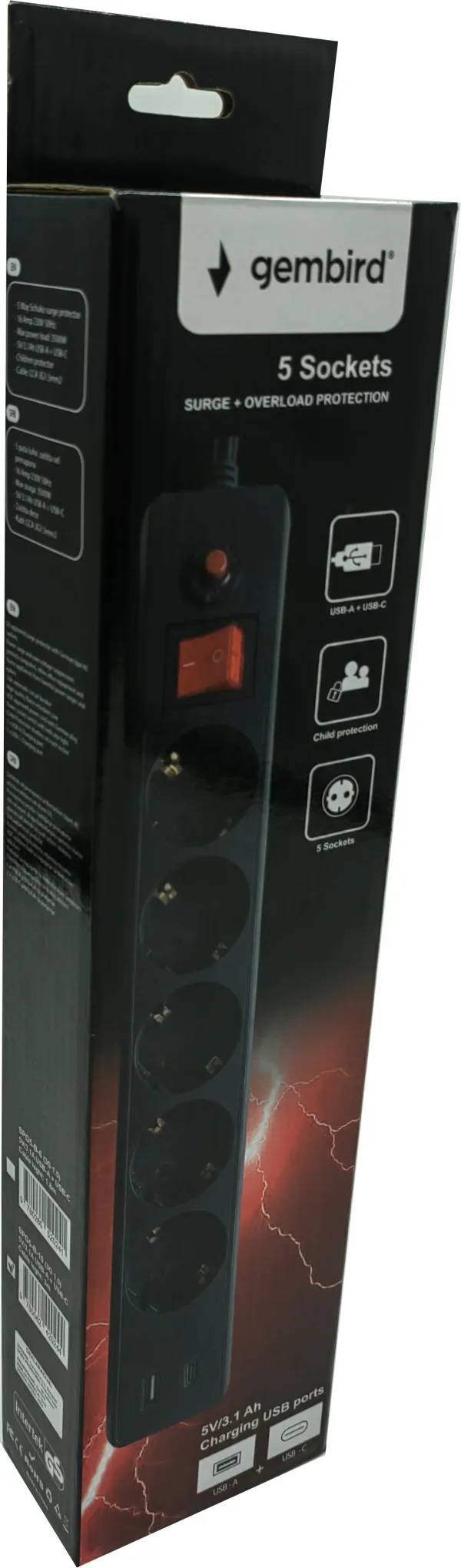 GEMBIRD SPG5-B-10(3G1.5)**Gembird produzni kabl sa zastitom i 5 uticnica, 5V/3.1A USB-A+C 16A/3500W 3m (765) Slika 3