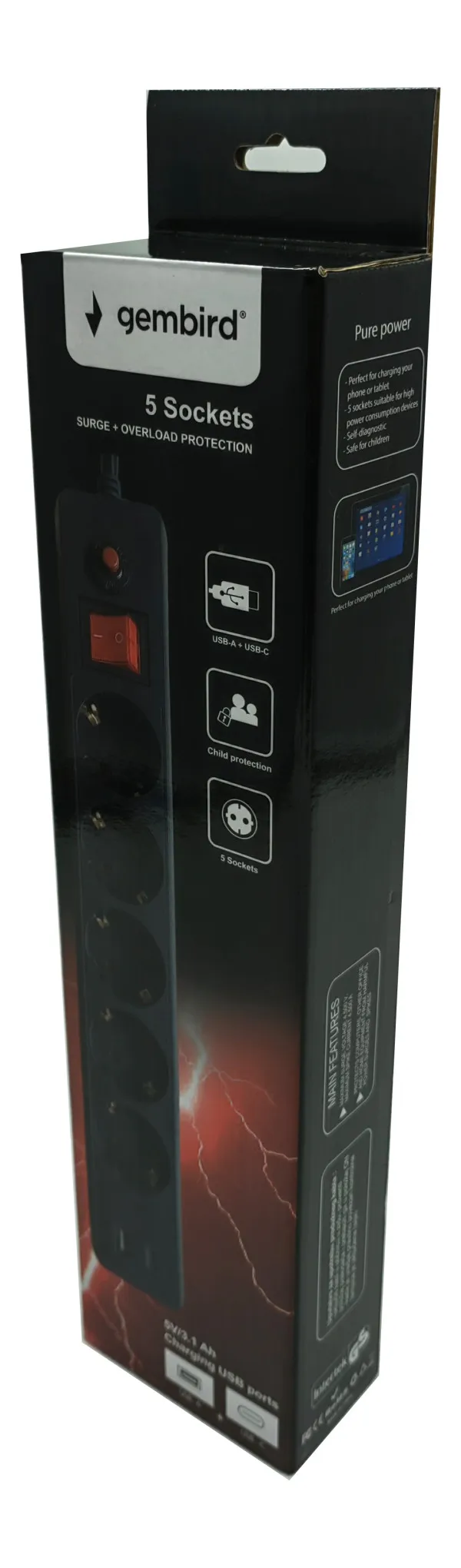 GEMBIRD SPG5-B-10(3G1.5)**Gembird produzni kabl sa zastitom i 5 uticnica, 5V/3.1A USB-A+C 16A/3500W 3m (765) Slika 7