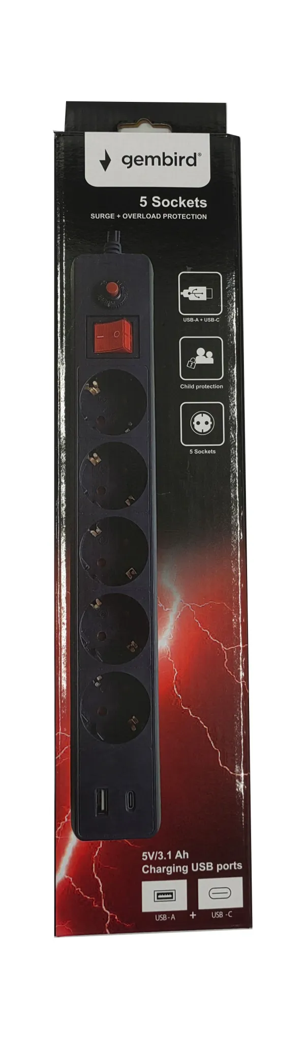 GEMBIRD SPG5-B-10(3G1.5)**Gembird produzni kabl sa zastitom i 5 uticnica, 5V/3.1A USB-A+C 16A/3500W 3m (765) Slika 6