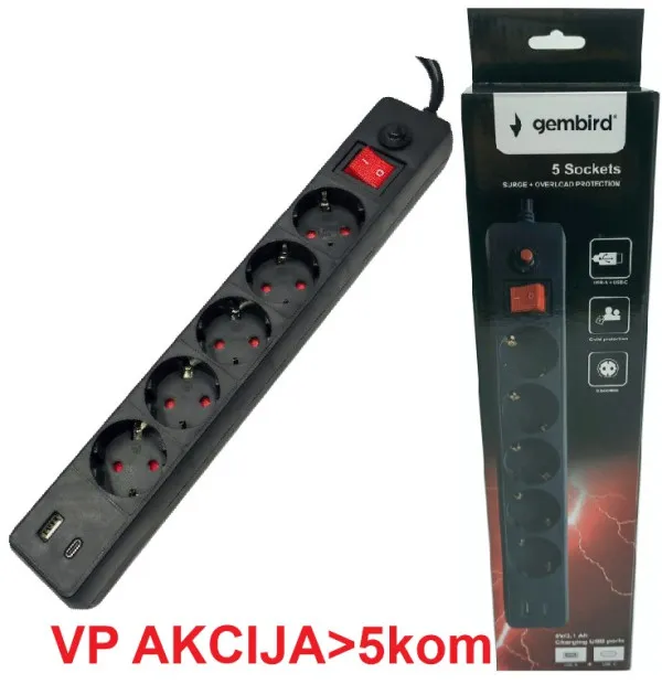 GEMBIRD SPG5-B-10(3G1.5)**Gembird produzni kabl sa zastitom i 5 uticnica, 5V/3.1A USB-A+C 16A/3500W 3m (765) Slika 2