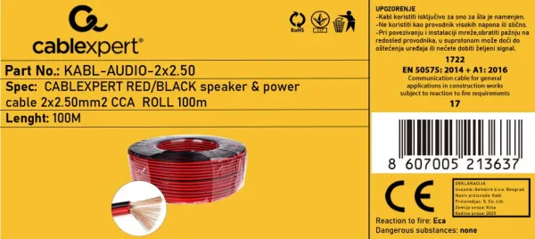 GEMBIRD KABL-AUDIO-2X2.50 Kabl za zvucnike, mikrofon, napajanje, 2x2.5mm crno/crveni 100m Slika 1