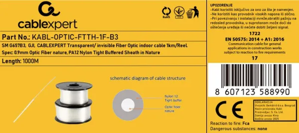 GEMBIRD KABL-OPTIC-FTTH-1F-B3 Gembird Opticki kabl 1-vlakno SM G657B3, GJI, transparentni, INDOOR, 1000m Slika 3