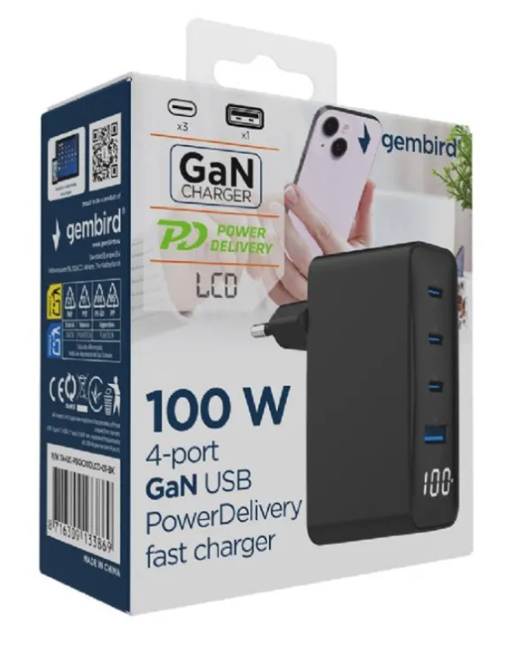 GEMBIRD TA-UC-PDQC100LCD-01-BK Gembird 4-port 100W GaN USB fast charger, LCD, black Slika 6