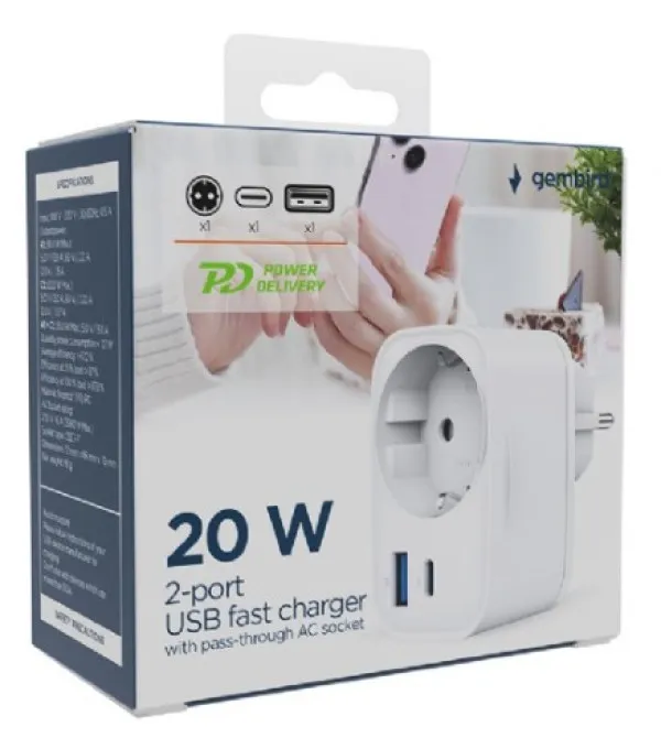 GEMBIRD TA-ACPDQC20-01-W Gembird 20W 2-port USB brzi punjac sa pass-through AC socket-om, white Slika 2