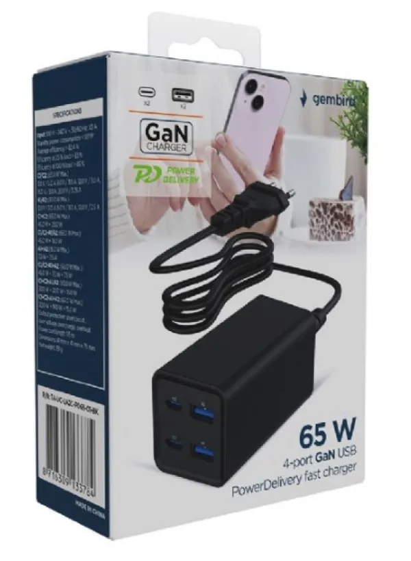 GEMBIRD TA-UC-2A2C-PD65-01-BK Gembird 4-port 65W GaN USB PowerDelivery brzi punjac, black Slika 2
