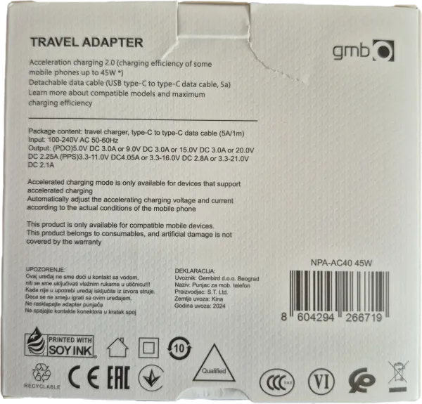 GEMBIRD NPA-AC40 ** Gembird brzi Punjac 45W PD3.0 USB-C + kabl 5A USB-C na USB-C (719) Slika 3