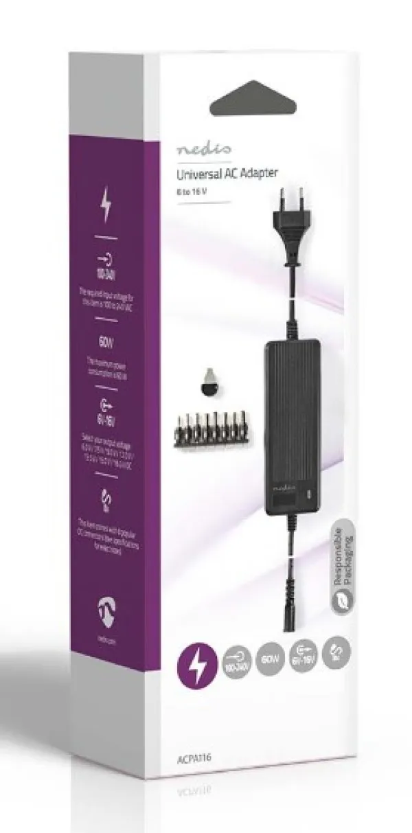 NEDIS ACPA116 Universal AC Power Adapter 60W, 6-16V DC, 1.10m 5.0-5.2A 8-plug(s), Black Slika 1