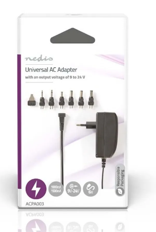 NEDIS ACPA003 Universal AC Power Adapter 24W, 9-24V DC 1.80m 1.0-1.5A 6plug(s) Black Slika 3