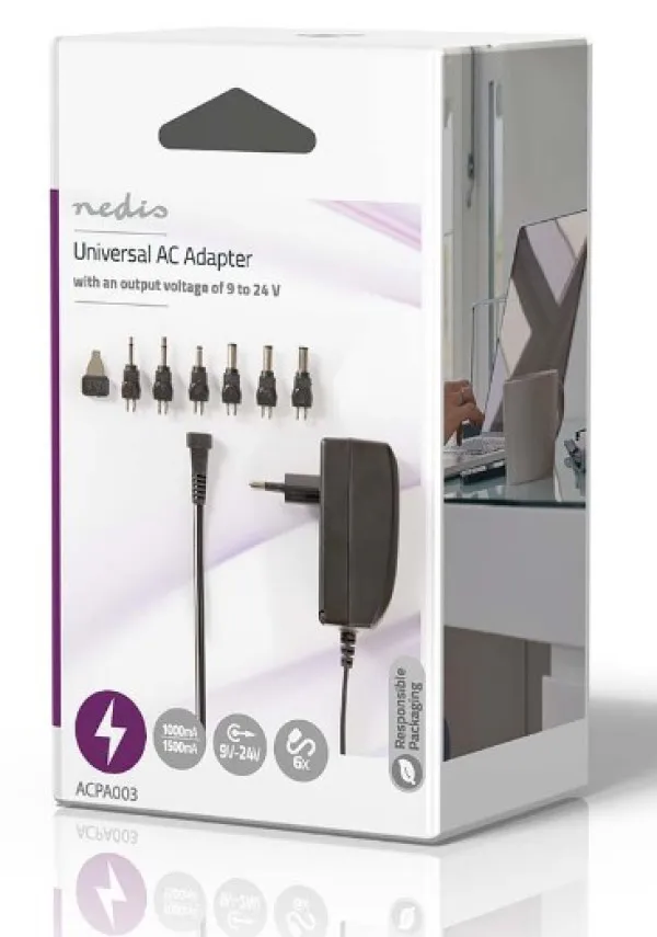 NEDIS ACPA003 Universal AC Power Adapter 24W, 9-24V DC 1.80m 1.0-1.5A 6plug(s) Black Slika 2