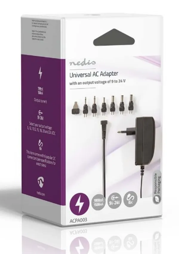 NEDIS ACPA003 Universal AC Power Adapter 24W, 9-24V DC 1.80m 1.0-1.5A 6plug(s) Black Slika 1