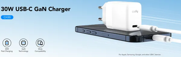 CUDY Cudy CH30_EU USB-C GaN Charger za telefone, tablete i MacBook Air, 30W Slika 5