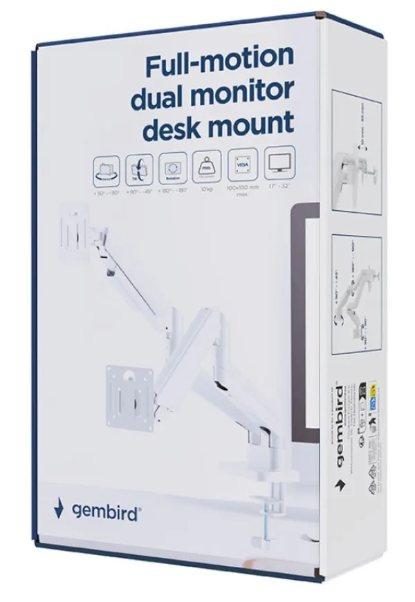 MA-DA2-06-W Gembird Podesivi dupli stoni drzac za monitor, tilt, 17-32 max.10kg White Slika 8