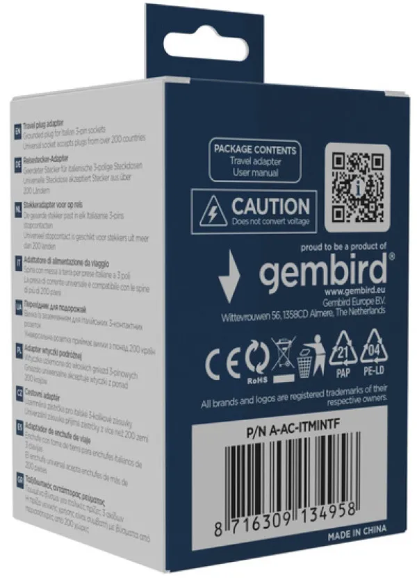 Travel adapter A-AC-ITMINTF Gembird IT suko 10A Slika 1