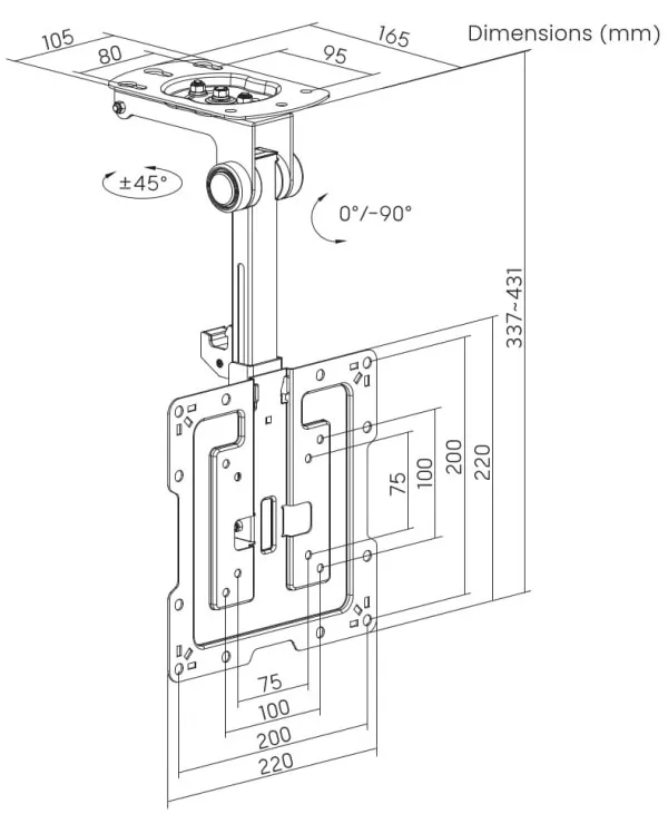 CM-43ST-01 Gembird TV plafonski nosac, VESA max. 20x20cm, 19-43inc max.20kg Udaljenost 337-431mm Slika 9