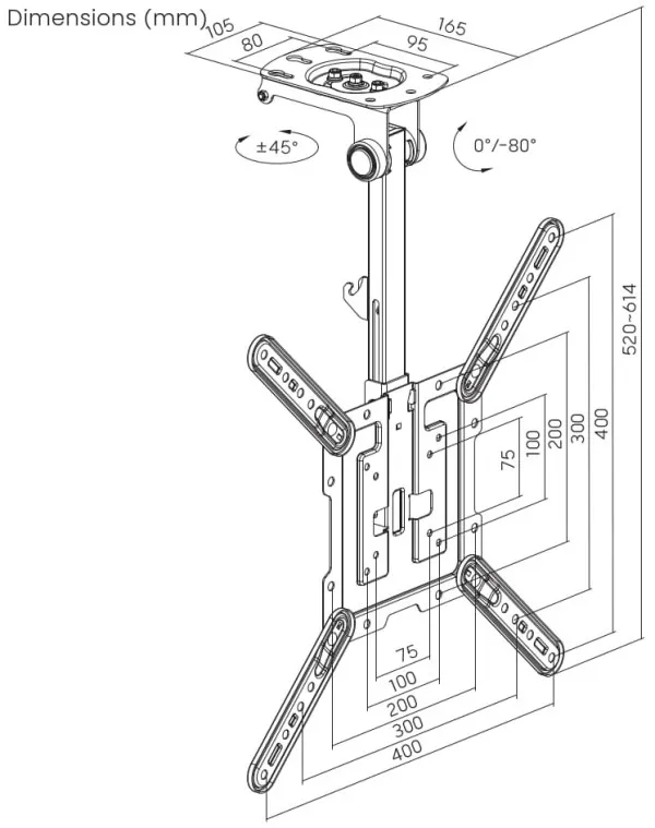 CM-55ST-01 Gembird TV plafonski nosac, VESA max. 40x40cm, 23-55inc max.20kg Udaljenost 520-614mm Slika 5