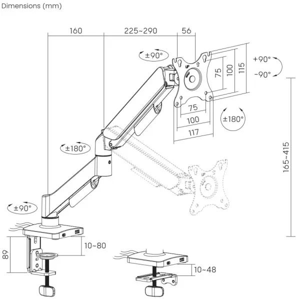 MA-DA1U-01 Gembird Podesivi stoni drzac za monitor sa USB portom, tilt 17-32 max.9kg Slika 2