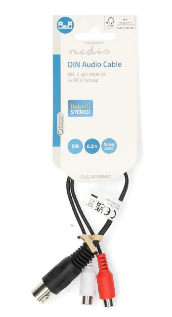 NEDIS CAGL20250BK02 DIN audio kabl 5-pinski muški, 2xRCA ženski, Niklovani, 0,20m, PVC Slika 3