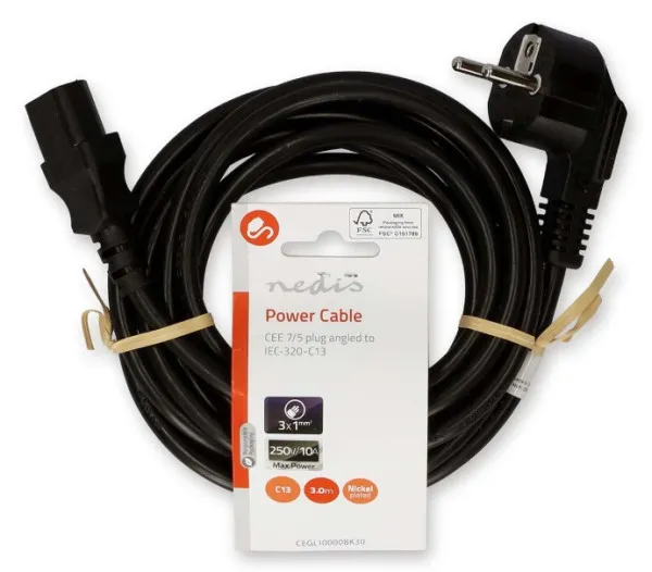 NEDIS CEGL10000BK30 Kabl za napajanje sa uzemljenjem muški, IEC-320-C13, Ugaoni, Niklovani, 3m, Okrugli, P Slika 2