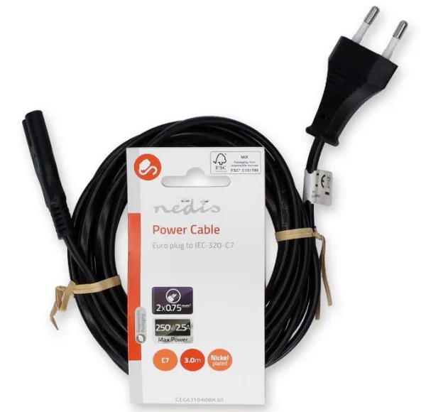 NEDIS CEGL11040BK30 Kabl za napajanje, Euro muški, IEC-320-C7, Niklovani, 3m detelina kabl Slika 2
