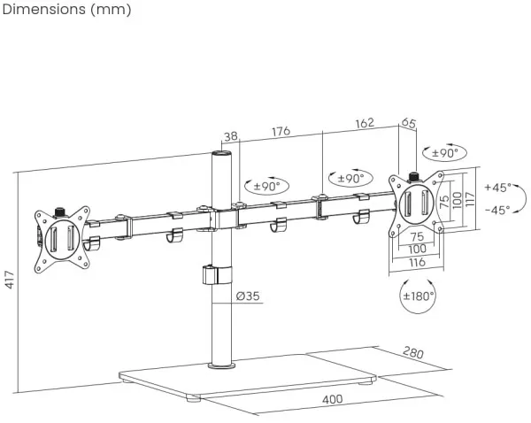 MS-D2ST-01 Gembird Podesivi stoni drzac za dva monitora, tilt, 17-32 max.2x9kg Slika 2