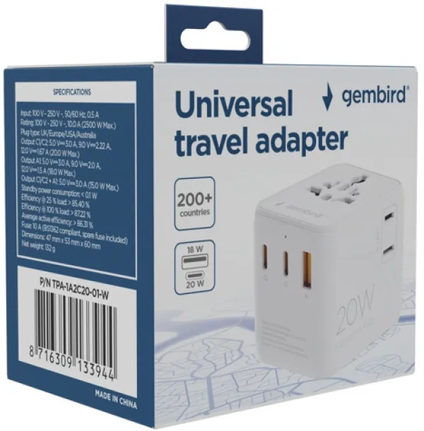 Travel adapter TPA-1A2C20-01-W Gembird Univerzalni 20W Slika 3