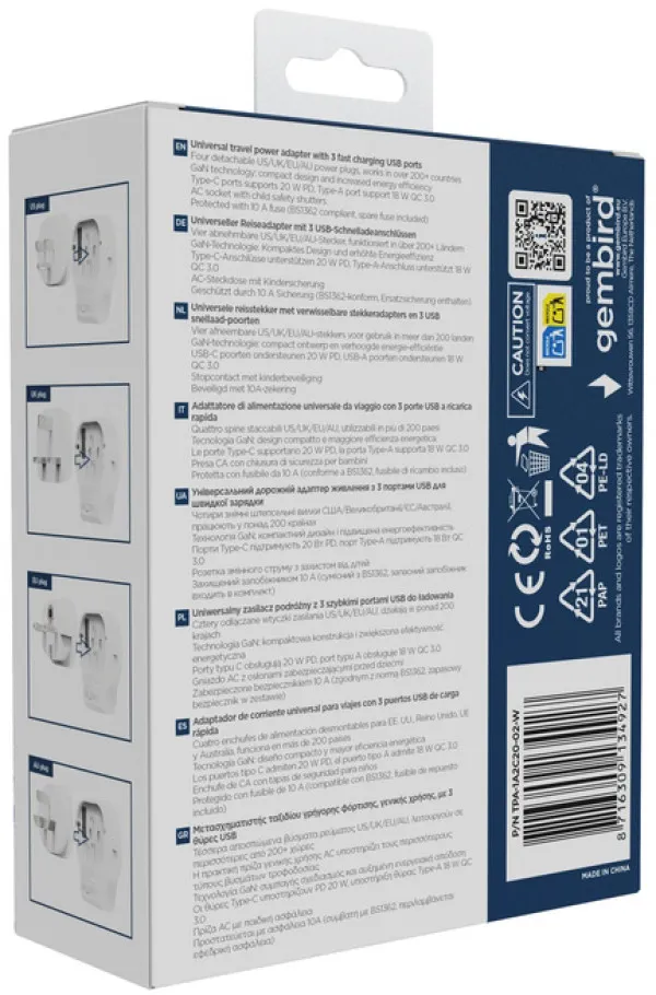 Travel adapter TPA-1A2C20-02-W Gembird Univerzalni 20W Slika 5