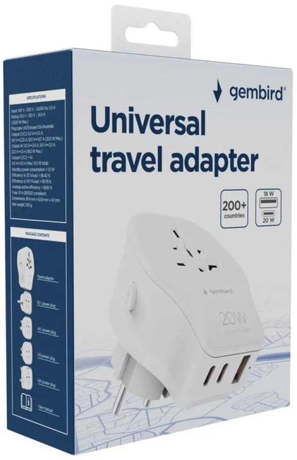 Travel adapter TPA-1A2C20-02-W Gembird Univerzalni 20W Slika 4