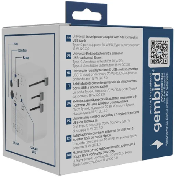 Travel adapter TPA-2A3C70-01-W Gembird Univerzalni 70W Slika 2