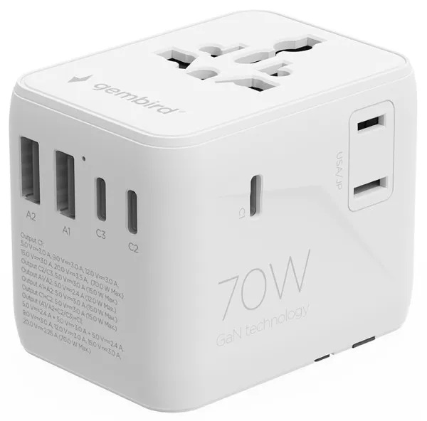 Travel adapter TPA-2A3C70-01-W Gembird Univerzalni 70W Slika 1