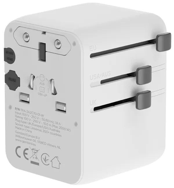 Travel adapter TPA-2A3C70-01-W Gembird Univerzalni 70W Slika 5