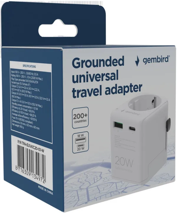 Travel adapter TPA-EU1A1C20-01-W Gembird Univerzalni, sa uzemljenjem 20W Slika 2