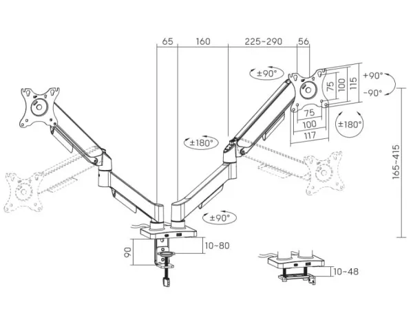 MA-DA2U-01 Gembird Podesivi stoni nosac za 2 monitora sa USB portovima, 17-32, 9kg Slika 4
