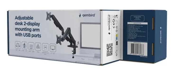 MA-DA2U-01 Gembird Podesivi stoni nosac za 2 monitora sa USB portovima, 17-32, 9kg Slika 3