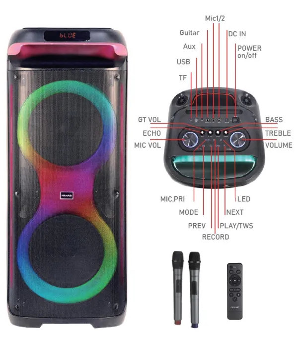 Microlab PT1200W karaoke zvucnik 400W, Bluetooth, LED, 11,1V/7200mAh, TWS, Aux, USB, microSD, + Mic* Slika 2