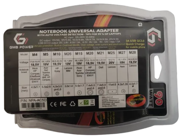NPA-AC5D **Gembird  univerzalni laptop punjac AC 90W + QC3.0 mob.brzi punjac 3A, auto voltage (1253) Slika 4