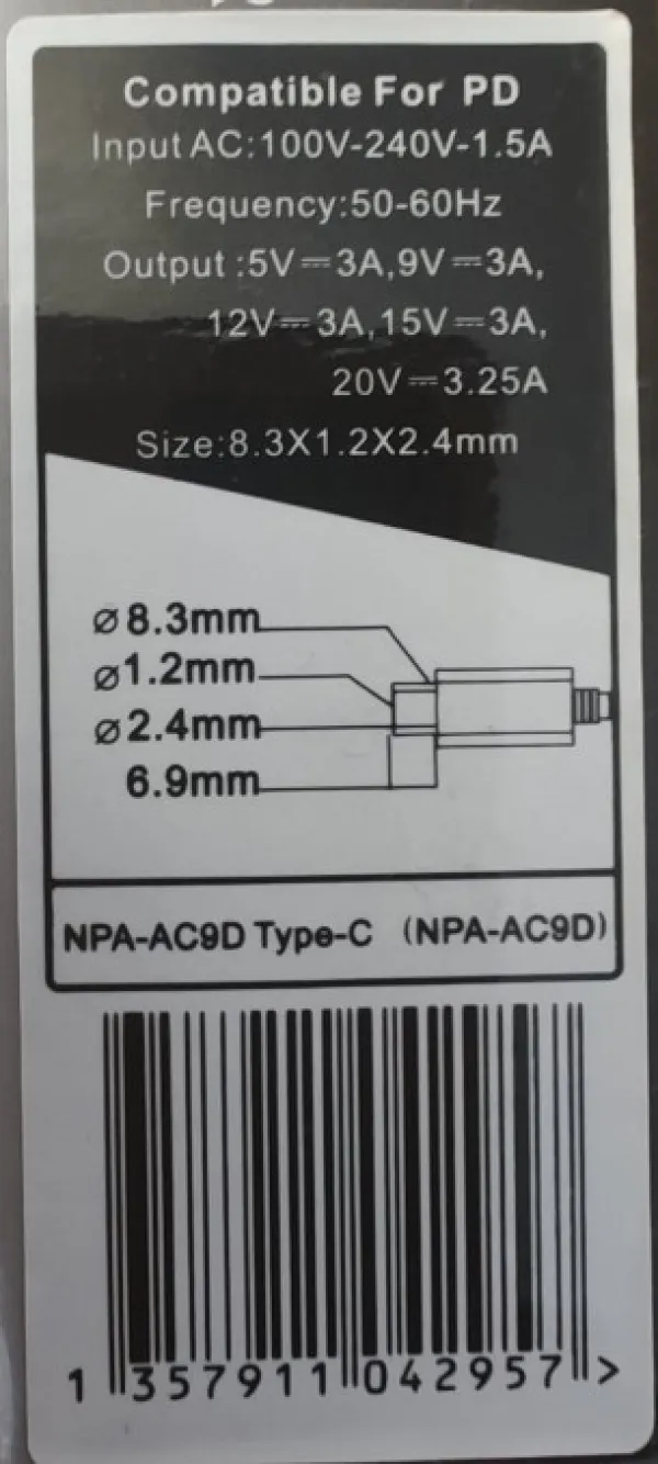 NPA-AC9D Gembird punjac za laptop 65W, kabl 2m USB-C, 5V/3A,9V/3A,12V/3A,15V/3A,20V/3.25A Slika 5