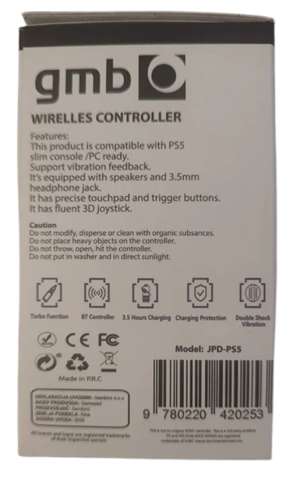 JPD-PS5 Grey-White PC/PS5 Gembird Bezicni gamepad sa vibracijom, zvucnik, 3,5mm, touchpad, trigger Slika 2