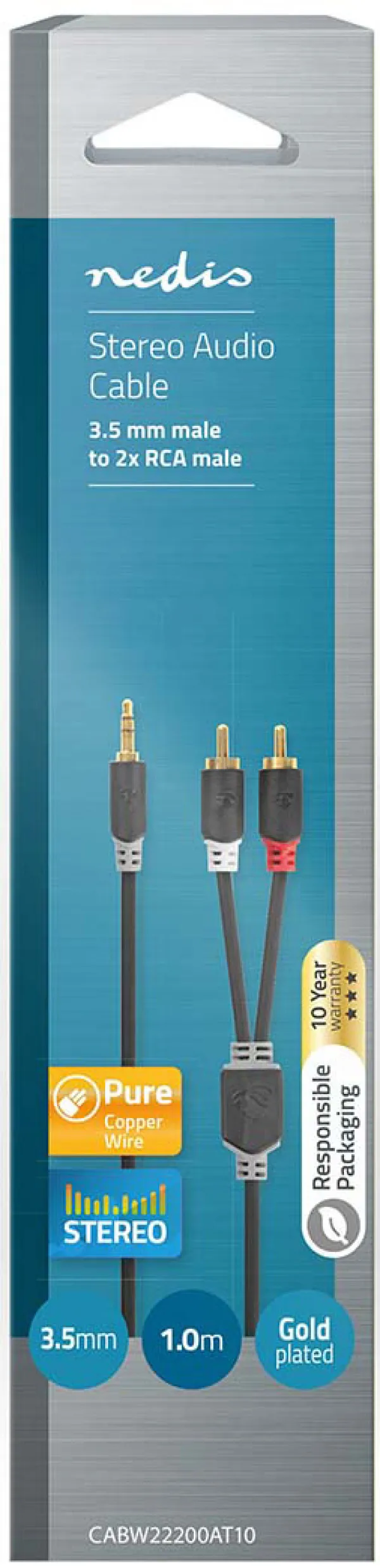 NEDIS CABW22200AT10, Stereo audio kabl, 3,5 mm muški, 2x RCA muški, Pozlaceni, 1,00 m, Antracit Slika 3