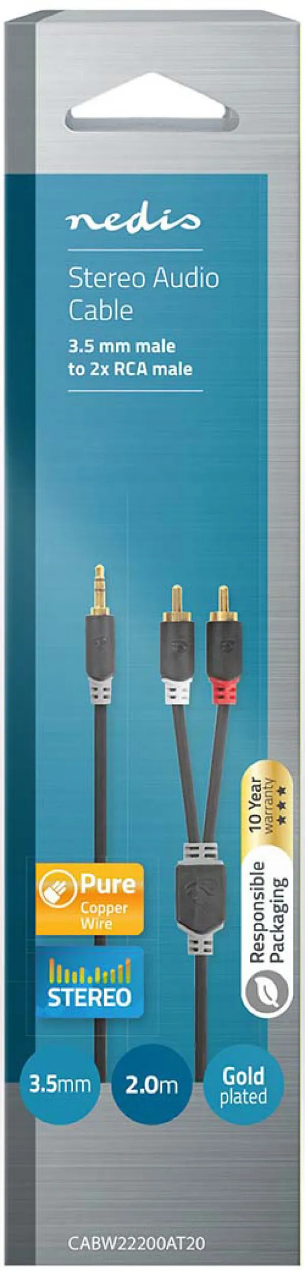 NEDIS CABW22200AT20, Stereo audio kabl 3,5 mm muški, 2x RCA muški, Pozlaceni, 2,00 m, Antracit Slika 2