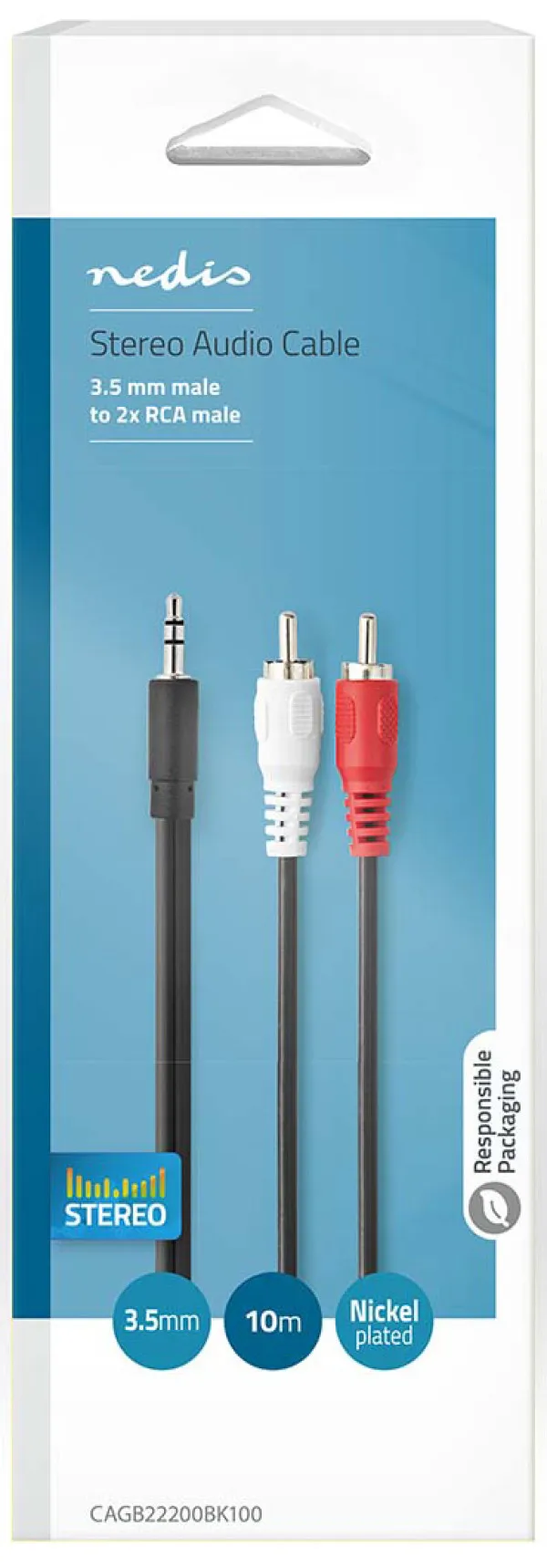 NEDIS CAGB22200BK100, Stereo audio kabl, 3,5 mm muški, 2x RCA muški, Niklovani, 10,0 m, Crni Slika 2