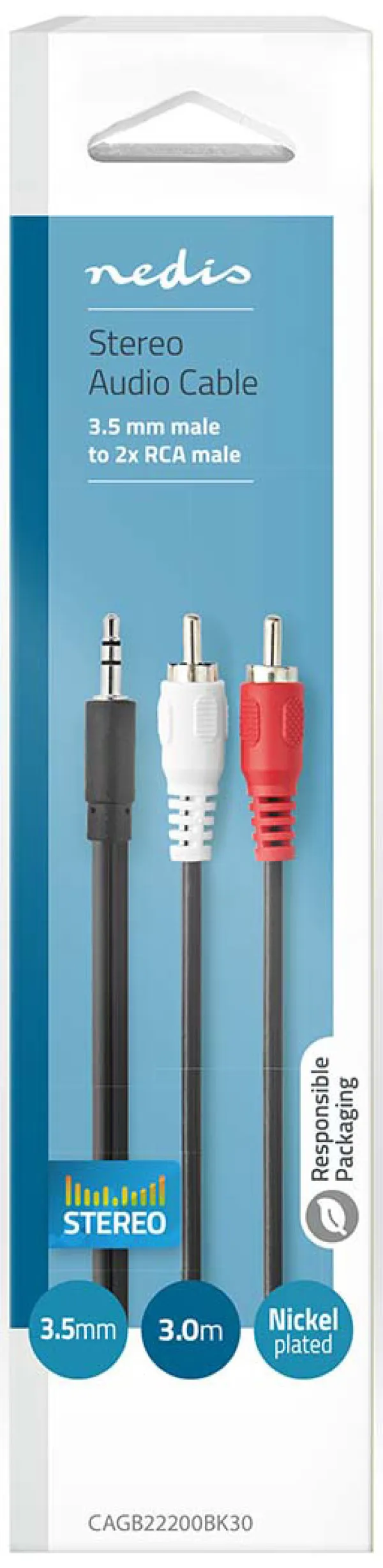 CAGB22200BK30, Stereo audio kabl, 3,5 mm muški, 2x RCA muški, Niklovani, 3,00 m, Crni Slika 3