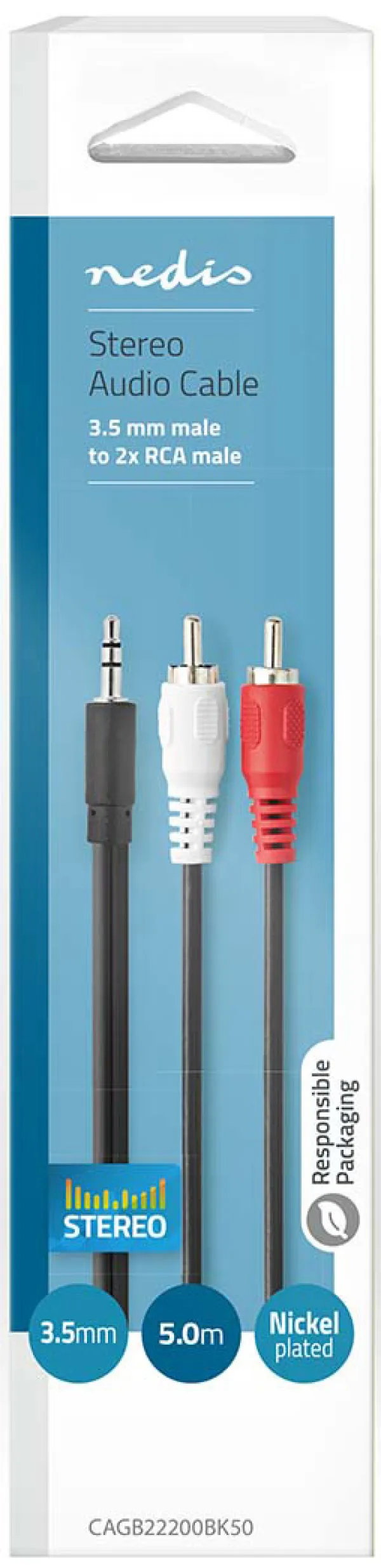 NEDIS CAGB22200BK50, Stereo audio kabl, 3,5 mm muški, 2x RCA muški, Niklovani, 5,00 m, Crni Slika 3