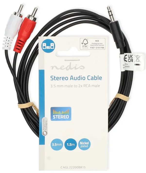 NEDIS CAGL22200BK15, Stereo audio kabl 3,5 mm muški, 2x RCA muški, Niklovani, 1,50 m, Crni Slika 3