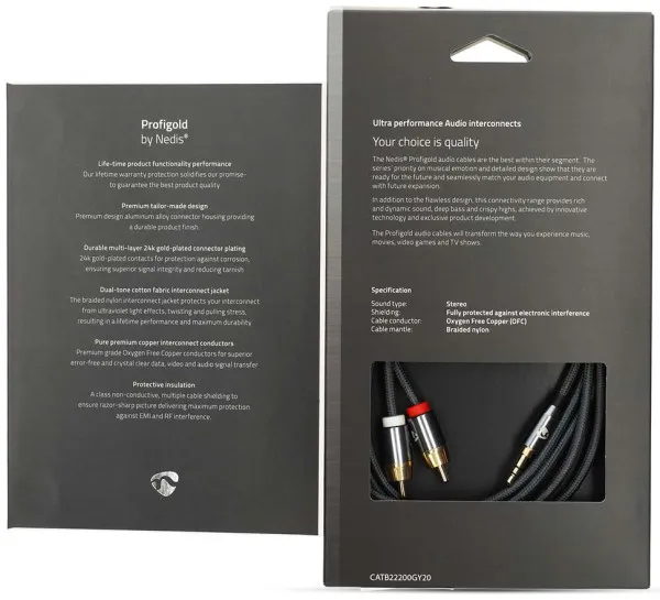 NEDIS CATB22200GY20, Stereo audio kabl, 3,5 mm muški, 2x RCA muški, Pozlaceni, 2,00 m, Okrugli, Sivi Slika 5