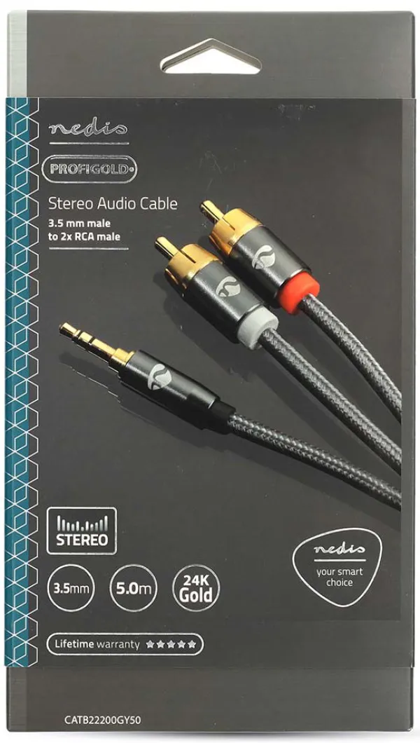 NEDIS CATB22200GY50, Stereo audio kabl, 3,5 mm muški, 2x RCA muški, Pozlaceni, 5,00 m, Okrugli, Sivo-metal Slika 6
