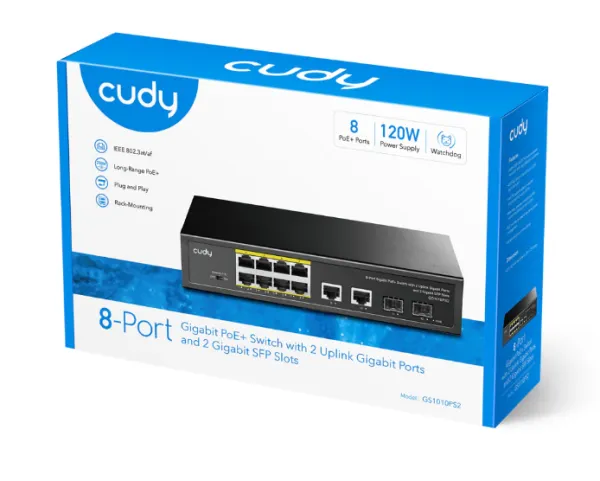 Cudy GS1010PS2 8-Port Gigabit PoE+ Switch with 2 Gigabit Uplink ports and 2 Gigabit SFP slot 120W Slika 3