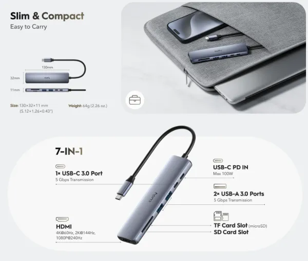 Cudy UH407 , 7-In-1 HDMI SD/TF 4K USB-C Hub, 60/144/240 Hz, 5Gps, 100W Slika 3
