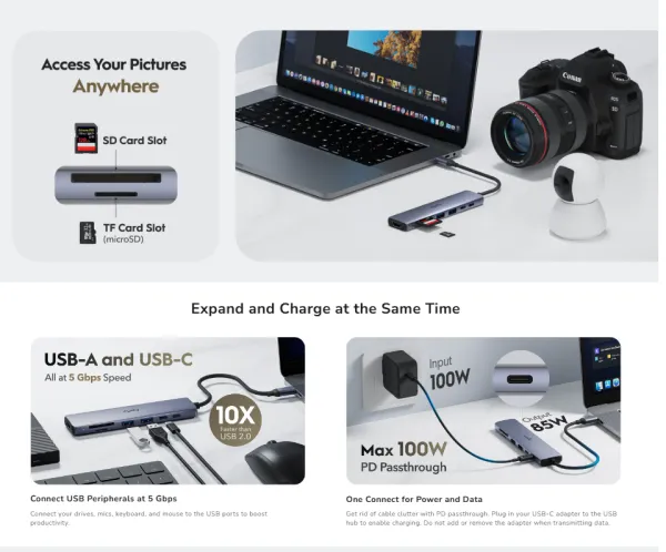 Cudy UH407 , 7-In-1 HDMI SD/TF 4K USB-C Hub, 60/144/240 Hz, 5Gps, 100W Slika 4