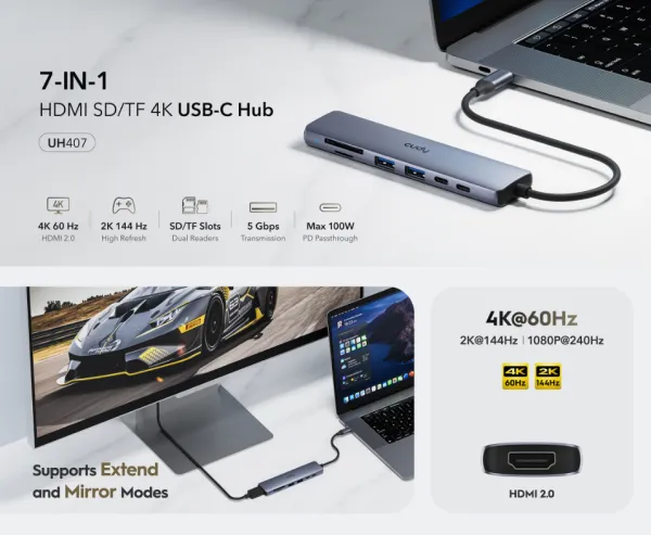 Cudy UH407 , 7-In-1 HDMI SD/TF 4K USB-C Hub, 60/144/240 Hz, 5Gps, 100W Slika 5